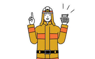 Firefighter in fire uniform holding a calculator and pointing.
