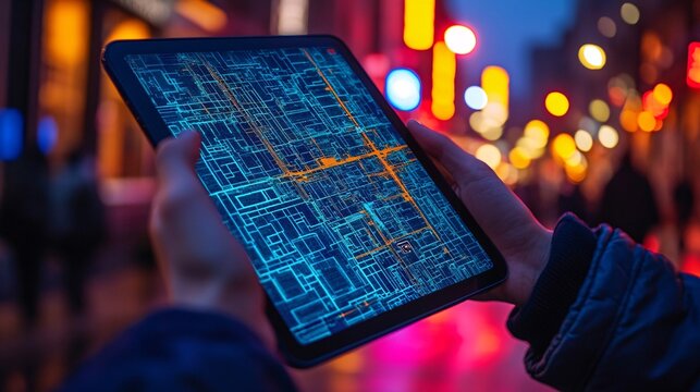 Tablet showing a conceptual cadastral map for building permits, reflecting activity in the construction industry and urban development.