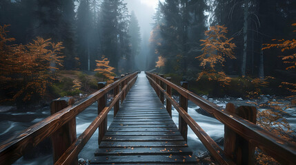 Fototapeta premium Misty Forest Bridge: A Scenic Autumn Illustration