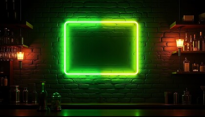 Neon green square frame on brick bar wall.