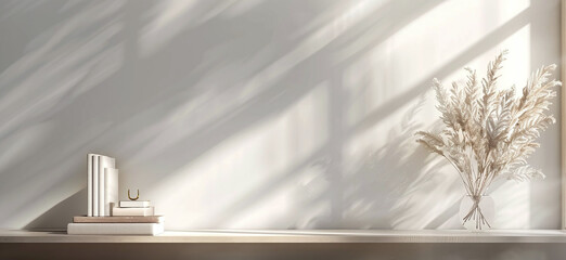 Office interior backdrop for online meetings. Light home office setting bookshelves background with window shadow. Minimalist online workspace. Video conferencing room design in beige earthy tone.