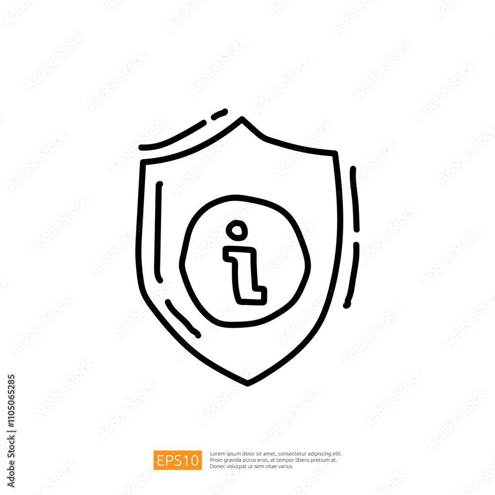 Poster a simple line drawing of a shield with an information icon inside, symbolizing protection and inform