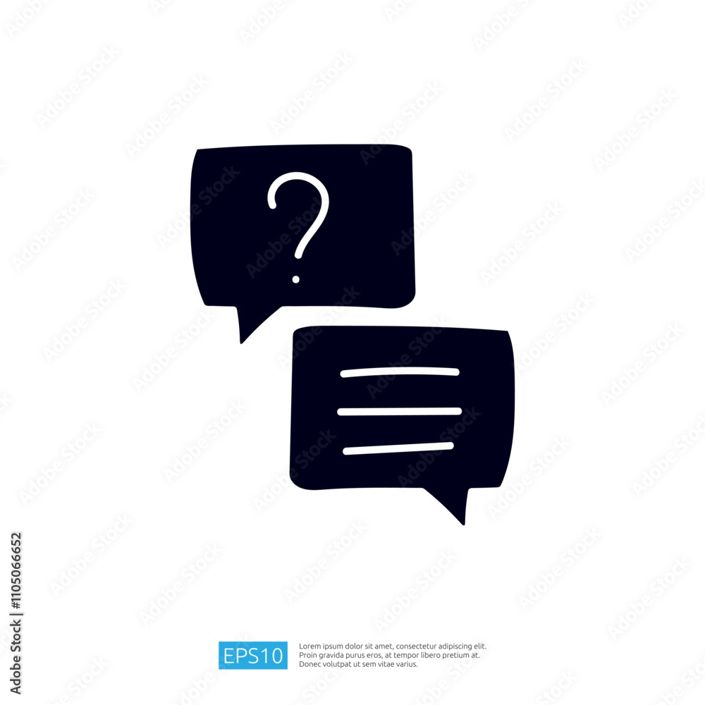 Poster the image features two speech bubbles, one with a question mark and the other with lines, symbolizin