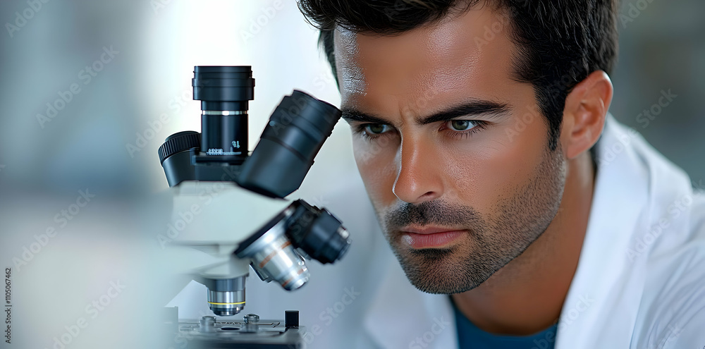 Poster A focused scientist examines a sample under a microscope in a laboratory setting.