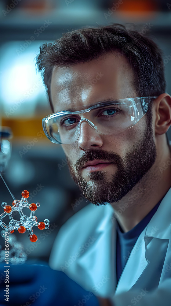 Aufkleber a focused scientist examines a molecular model in a laboratory setting.