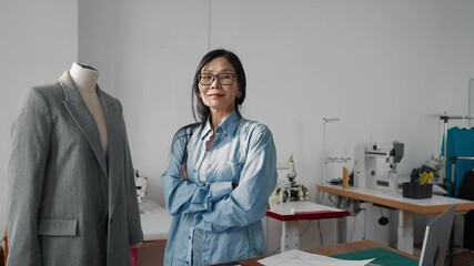 Japanese female owner of fashion atelier looking at camera and smiling, portrait . Asian fashion designer or dressmaker standing in workshop, professional seamstress posing in studio, stylish lady