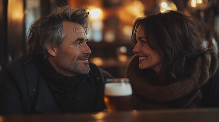 Happy couple enjoying drinks at a bar.