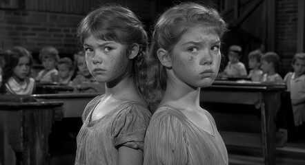 Vintage black-and-white photo of two serious girls in an 80s school setting