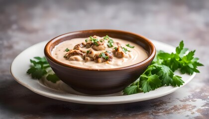 Foul with tahini served in dish isolated on table side view of arabic food
