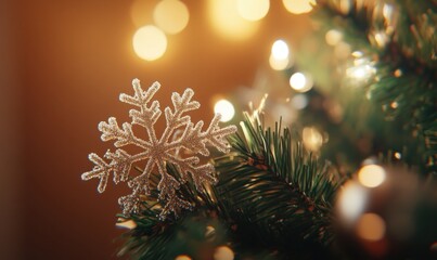 Close-up of snowflake ornaments on a Christmas tree, warm brown background