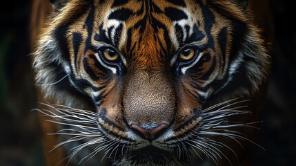 Intense close-up of an angry Sumatran tiger, revealing the intricate details of its fur and piercing eyes in a beautiful portrait.