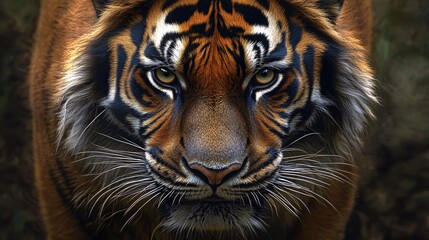 Fototapeta premium Striking portrait of an angry Sumatran tiger, showcasing its intense gaze and vibrant fur patterns in stunning detail.