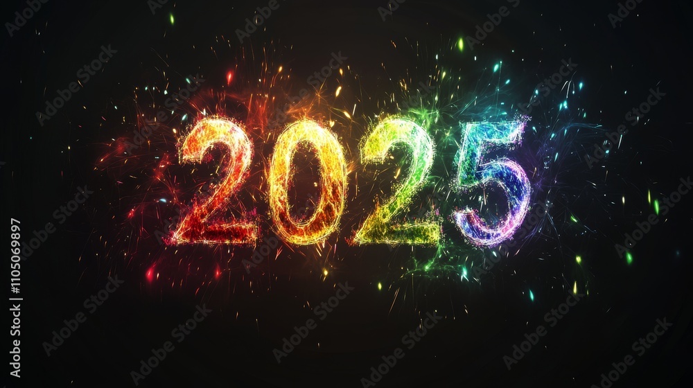 Aufkleber a joyful new year 2025 is brought to life through a dynamic display of colorful firework sparklers a