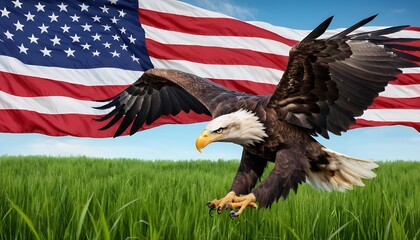 Naklejka premium Majestic Bald Eagle in Flight with American Flag and Lush Green Field Patriotism, Freedom, and National Pride