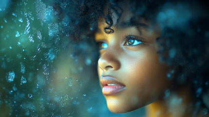 a 10 year African american old girl seen in profile looking out of a car window at night with a look of quiet and subtle wonder and joy in her expression.