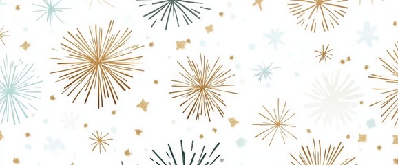 A modern illustration depicting a collection of New Year fireworks in golden, light green, and grey hues against a white backdrop. This artistic design is perfect for use in decoration, print,