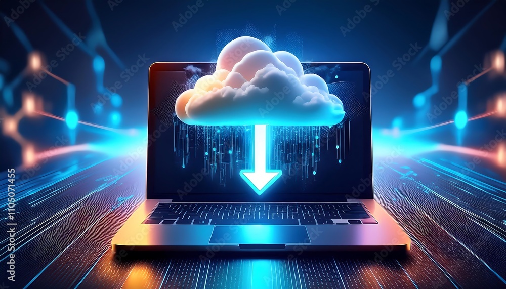 Poster a laptop with clouds above it, symbolizing cloud computing and digital data transfer.