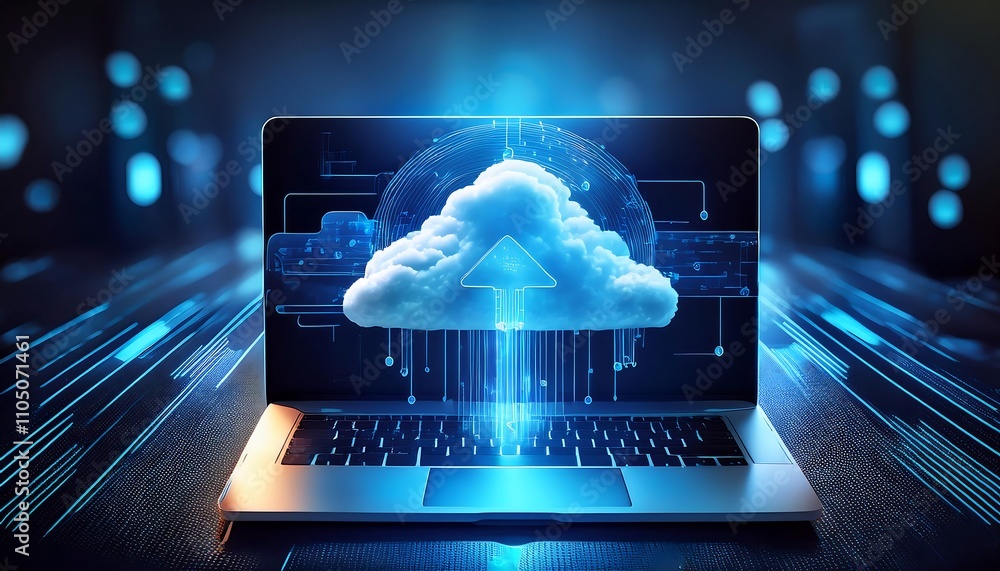 Poster a laptop with clouds above it, symbolizing cloud computing and digital data transfer.