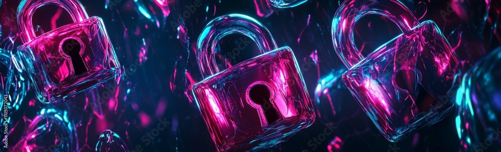Poster cyber security network and data protection technology depicted through a digital padlock icon on a v