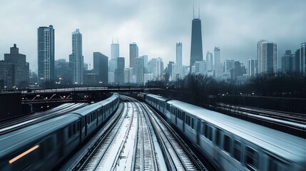 Fototapeta premium Railway overpass with a sleek modern train speeding across, urban skyline in the background