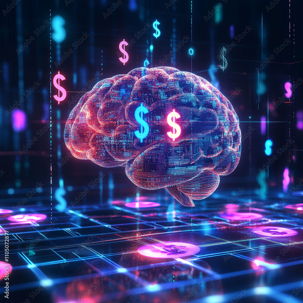 Poster a brain with a bunch of dollar signs on it. the dollar signs are in different sizes and are scattere