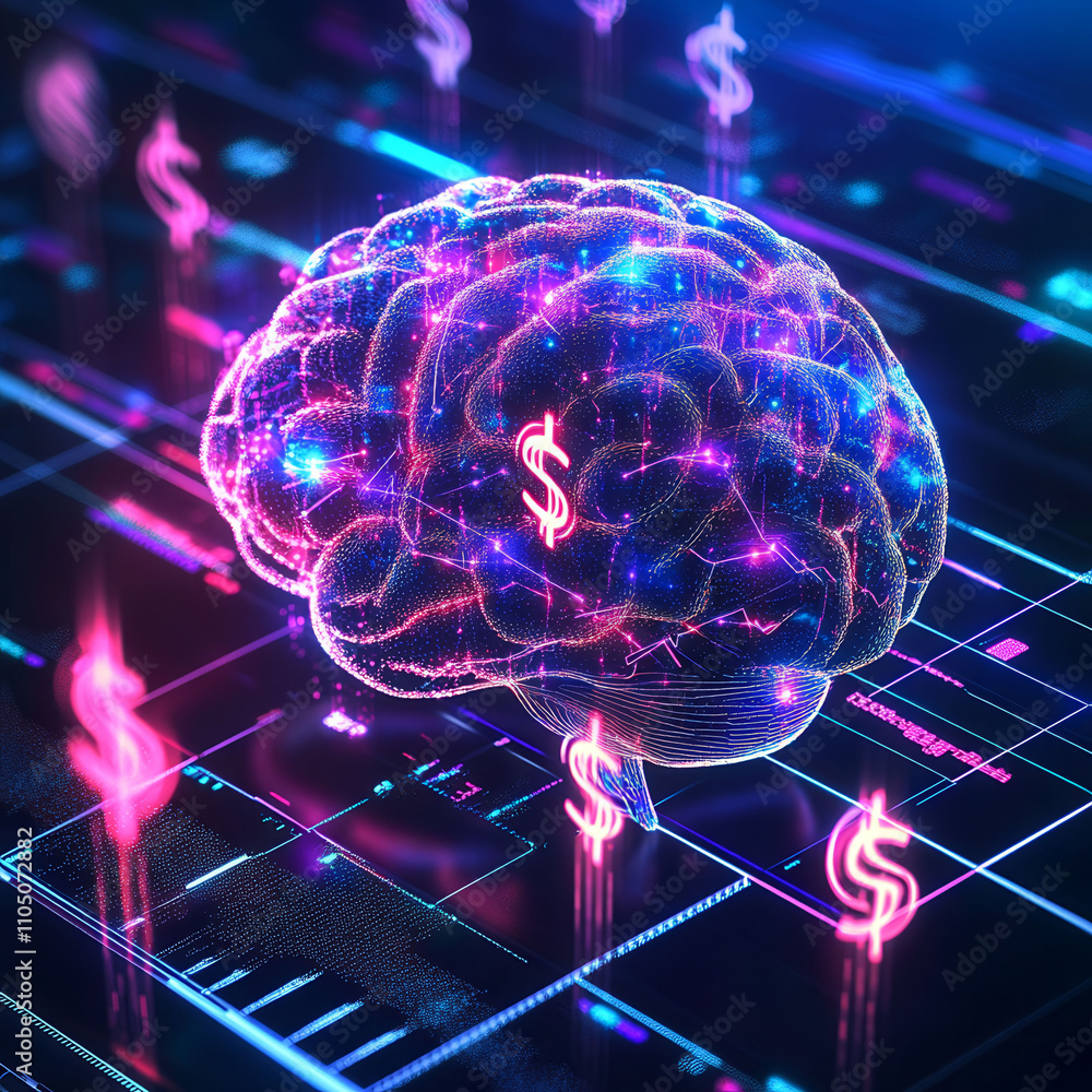 Poster a brain with a bunch of dollar signs on it. the dollar signs are in different sizes and are scattere