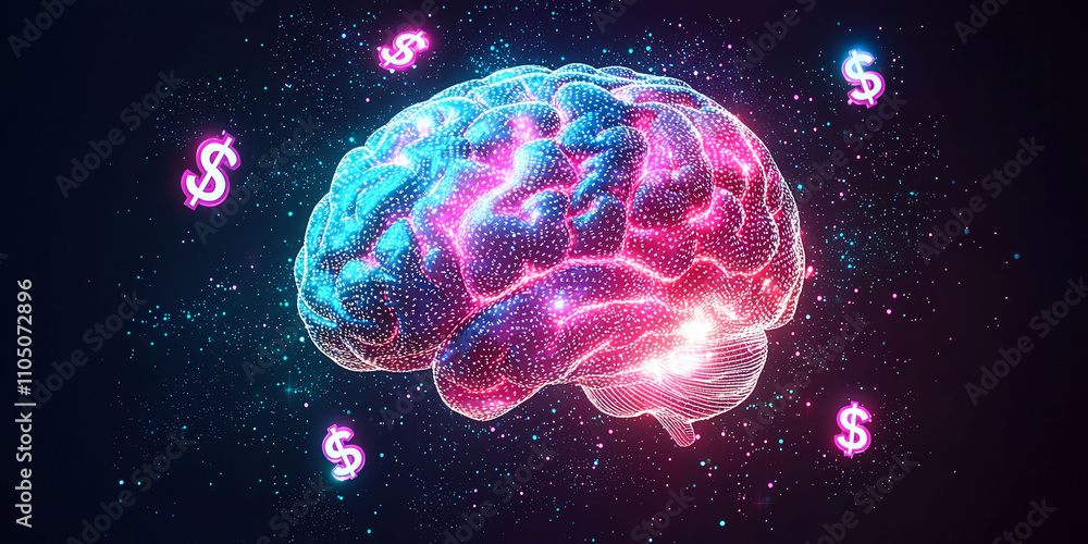 Poster a brain with a bunch of dollar signs on it. the dollar signs are in different sizes and are scattere