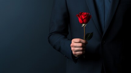 Man in suit holding a single red rose.