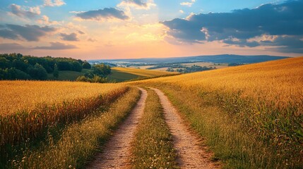 Fototapeta premium A picturesque rural landscape featuring a trail through golden fields, bordered by cornfields and freshly plowed land, ideal for copy space.