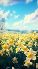 Springtime Daffodil Meadow under a Blue Sky