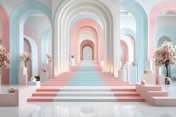 Fototapeta premium Elegant pastel archway design with steps, decorative floral arrangements, and contemporary architectural elements in soft colors creating a serene ambiance for events or photography
