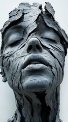 A creative sculpture blending human features with textured bark-like elements, conveying a sense of nature and art.