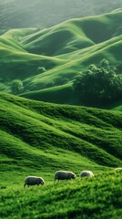 Serene Green Hills with Grazing Sheep: A Pastoral Landscape