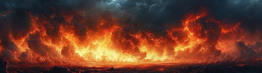A dramatic landscape showcasing a vibrant, fiery horizon against a stormy sky, evoking a sense of chaos and intensity.