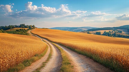 Scenic view of a trail winding through a golden field, framed by cornfields and plowed land, creating an inviting space for text.
