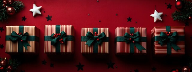 Festive red and green presents adorned with ribbons, surrounded by Christmas ornaments on a vibrant red backdrop, conveying a joyful holiday spirit,


