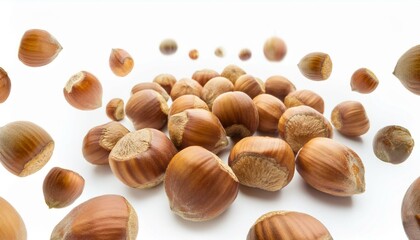 Falling hazelnuts isolated white background