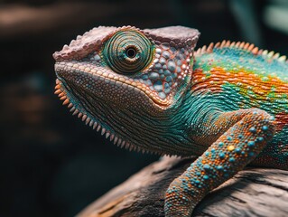 Obraz premium A colorful Chameleon perched on a tree branch.