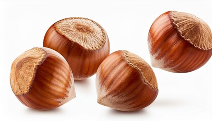 Falling hazelnuts isolated white background