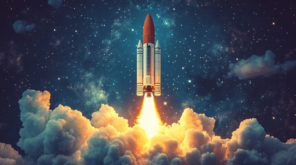 Fototapeta premium Illustration of a rocket vehicle in a launch sequence, emphasizing the excitement of space transportation and exploration.