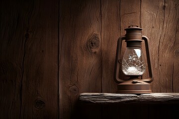 Rustic Vintage Lantern on Weathered Wooden Shelf Illuminating Dark Space with Warm Glow and Intricate Spider Web Detail Adding to the Atmosphere of Nostalgia and History