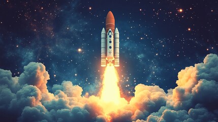 Illustration of a rocket vehicle in a launch sequence, emphasizing the excitement of space transportation and exploration.