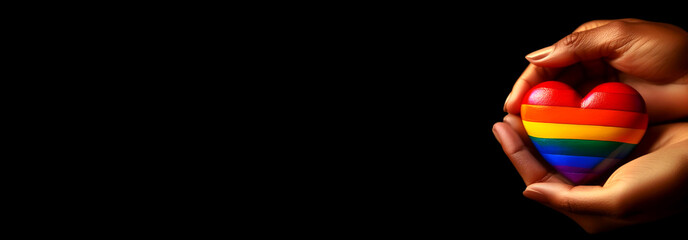 
Extreme close-up of the hands of a woman (cupped hands), holding a rainbow striped heart, isolated on a black background with copy space. LGBTQIA symbol. Blank wide banner. Generative Ai.