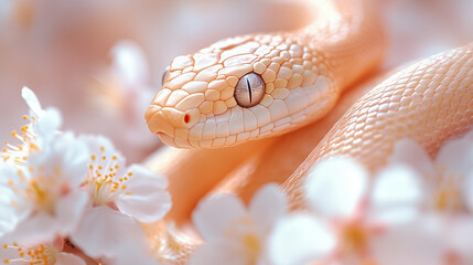 Obraz premium Light orange snake nestled among white cherry blossoms with soft bokeh background