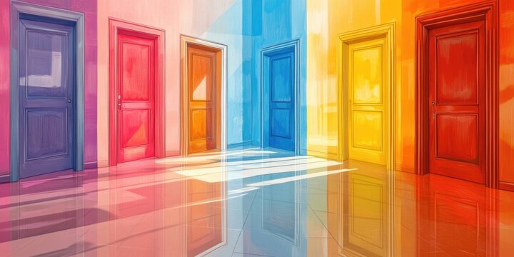 Vibrant Doors Inside a Room. A Representation of Choices and Opportunities Awaiting Selection