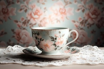 Elegant Floral Tea Cup on Lace with Vintage Rose Background, Perfect for Cozy Coffee Moments, Afternoon Tea Themes, or Relaxing Spaces