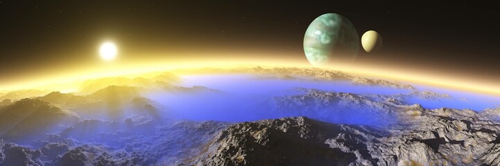 Fantasy landscape, alien surface at sunrise with satellites in orbit, 3d rendering