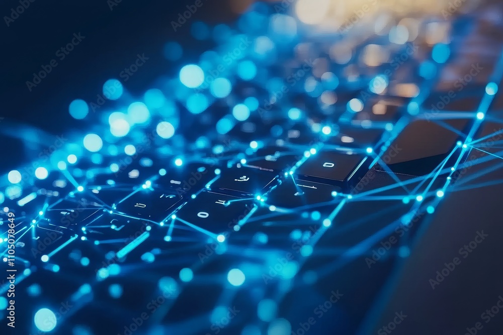 Poster a focused shot of a laptop with a blue polygonal mesh, conveying ideas related to technology, securi