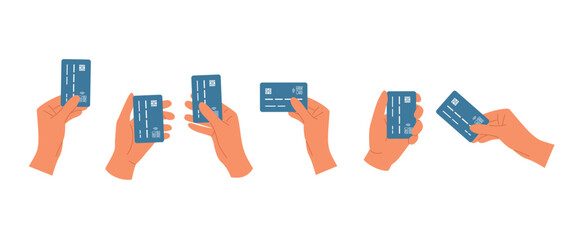Set of hands holding plastic credit card. Different gestures. Wireless payment concept