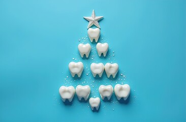 A Christmas tree made of teeth on a blue background on New Year's Eve at a dental clinic. A festive medical concept.